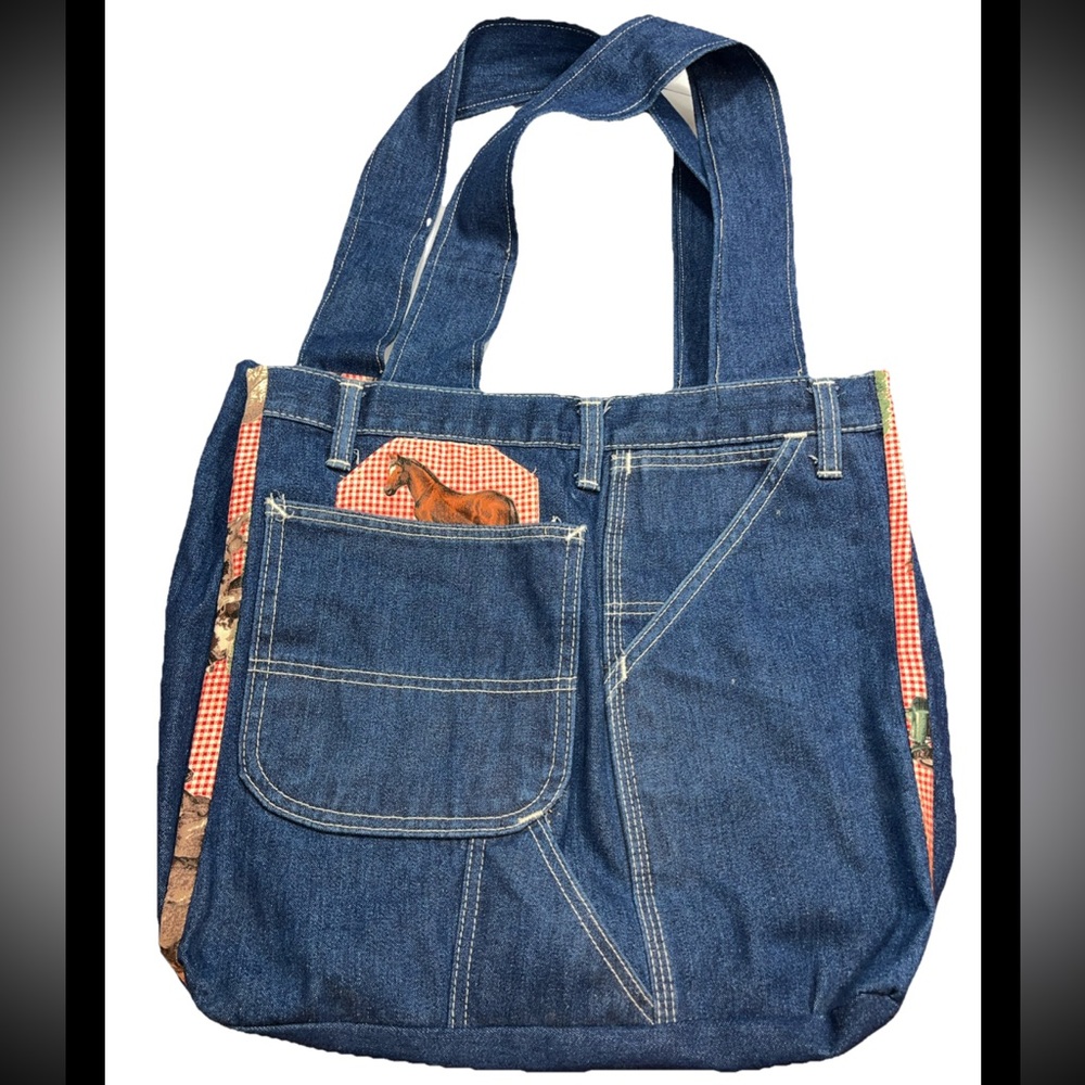 ROEBUCKS Horse Denim JEANS Tote Bag Purse Shoulder double Handles Pockets Cotton